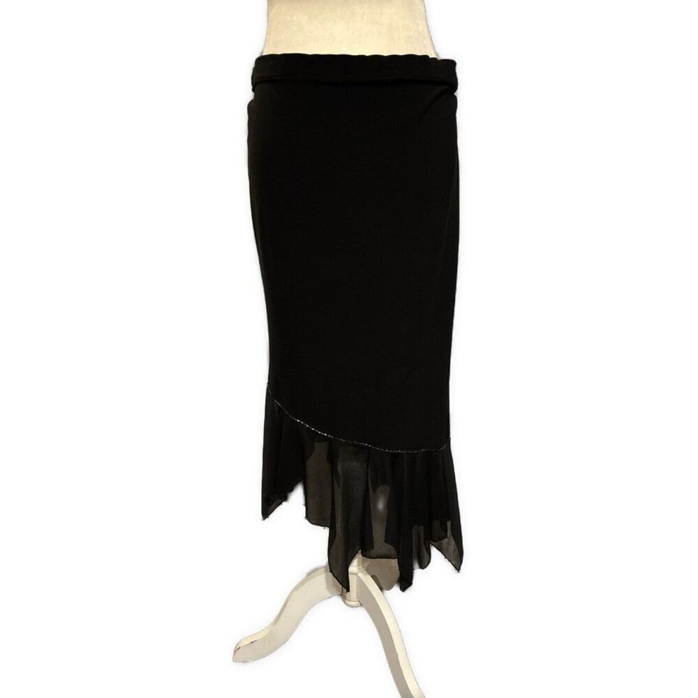 Ev & Ro Solid Black Beaded Boutique Asymmetrical MIDI Skirt Medium